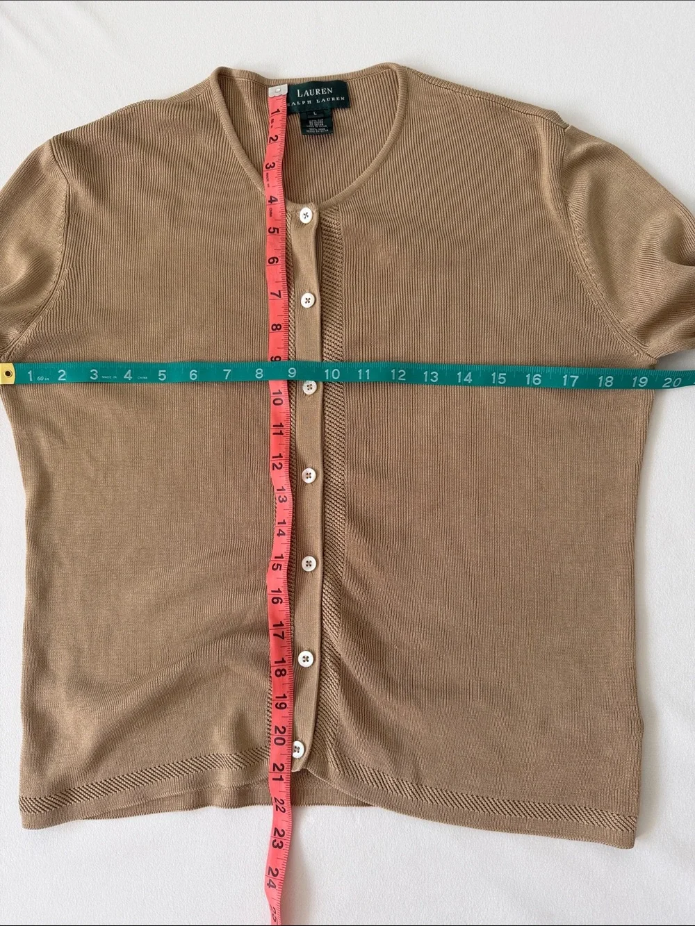 Lauren Ralph Lauren Women's Camel Crewneck 100% Silk Cardigan Sweater Size Large - Picture 8 of 8